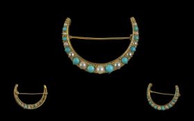 Antique Period - Attractive 18ct Gold Turquoise and Pearl Set Crescent Shaped Brooch, Not Marked but