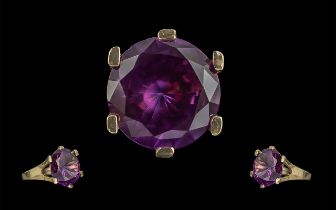 14ct Gold Excellent Quality Single Stone Amethyst Set Dress Ring. Marked 585. The Large Faceted