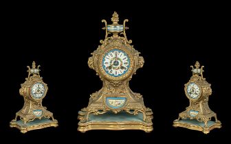 Antique French Ormalou Clock. Ornate Ormalou Clock, Pretty Enamel Blue Dial with Flower Decoration