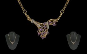 Ladies 1970 Design 9ct Gold Amethyst and Diamond Set Necklace - Marked 9ct. The Well Matched