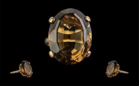 Ladies 9ct Gold Pleasing Single Stone Smoky Topaz Set Statement Ring. Full Hallmark to Interior of