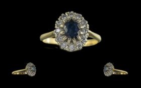 Ladies 18ct Gold Pleasing Sapphire and Diamond Set Cluster Ring, Flower head Design. Full Hallmark