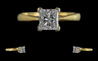 Ladies - Excellent Quality 18ct Gold Single Stone Princes Cut Diamond Set Dress Ring, Full