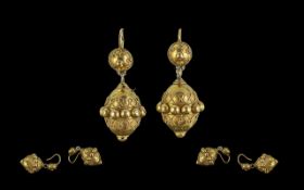 Antique Period - Pleasing Pair of 18ct Gold Embossed Drop Earrings. c.1840's / 1850's. Not Marked