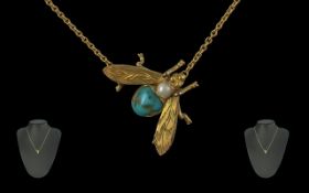 A Fine 9ct Gold - Naturalistic Turquoise and Pearl Set Figural ' Fly ' Pendant, Attached to a 9ct