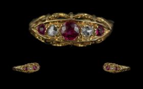 Antique Period - Attractive 18ct Gold Ruby and Diamond Set Ring - Ornate Gallery Setting. Hallmark