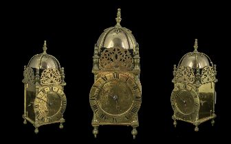 19th/20th Century Brass Lantern Clock, chapter dial with Roman numerals, dial mark Daniel Quare.