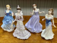 Four Porcelain Figures, Coalport True Love, Coalport Eugenie, Royal Doulton Elizabeth, and Royal