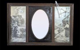 Vintage Mahogany Over Mantle Mirror, with etchings of traditional ladies on either side of the