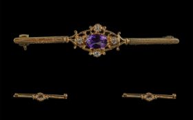 Edwardian Period Attractive 9ct Gold Brooch set with amethysts and diamonds of pleasing colour; full
