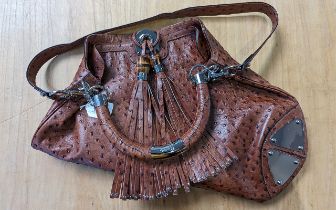 Genuine Gucci Ostrich Handbag, tan with hand and shoulder straps, two front decorative tassels,