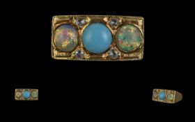 18ct Gold - Pleasing Quality Turquoise and Opal Style with Diamond Spacers Dress Ring, Marked