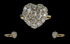 Antique Period - Pleasing 18ct Gold Heart Shaped Diamond Set Dress Ring. Hallmark to Interior of