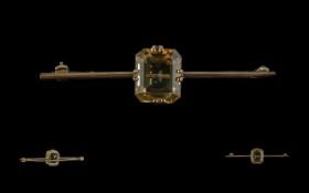 Antique Period Attractive 15ct Gold Citrine Set Brooch. The Large Faceted Citrine of Excellent