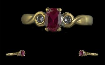 Ladies 18ct Gold Attractive Three Stone Ruby and Diamond Set Ring, with full hallmark to shank,