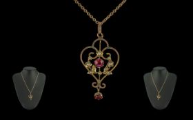 Edwardian Period Attractive 9ct Gold Open-worked Gem Set Pendant 'Ruby Pearl' and attractive 9ct