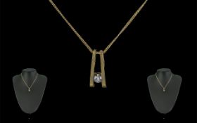 Ladies - Fine Quality 14ct Gold Single Stone Diamond Set Pendant of Contemporary Design, With