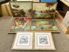 Collection of Art Works. Various Sizes and Subjects, Includes Country Scenes, Pheasants, Fish with