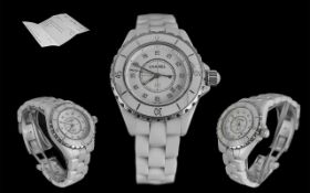 Chanel J12 Ladies White Ceramic and Steel Quartz Wrist Watch. Model No H01628. Features Diamond Dot,