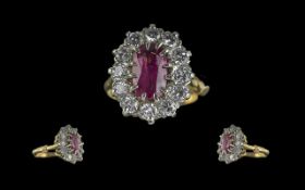 Ladies Fine Quality 18ct Gold Ruby and Diamond Cluster Ring, Pleasing Design / Setting. Hallmark
