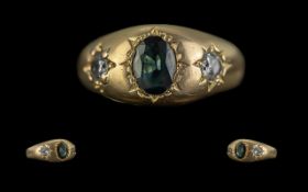 18ct Gold Pave Set Diamond and Sapphire 3 Stone Ring. Marked 18ct to Shank. The Blue Faceted