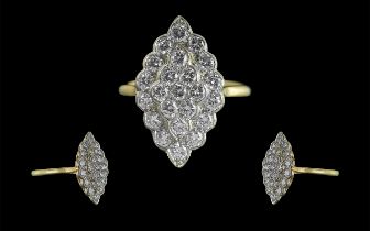 Ladies - Excellent 18ct Gold Marquise Shaped Diamond Set Cluster Ring, Marked 18ct Gold to Shank.