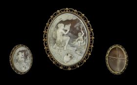 Antique Period Excellent - Large 9ct Gold Mounted Shell Cameo Brooch with Safety Chain. Depicts A