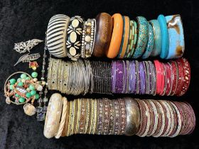 Box Containing a Quantity of Assorted Bangles, all shapes and colours, wooden, painted, stone set,