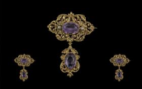 Antique Period - Superb 18ct Gold Amethyst and Pearl Brooch with Drop, Very Pleasing Ornate