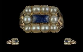 Antique Period - Attractive 15ct Gold Seed Pearl and Blue Sapphire Set Ring. Closed Back, Not Marked