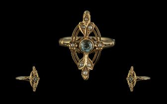 Antique Period 9ct Gold Aquamarine & Seed Pearl Set Ring. Excellent proportions and design. Full