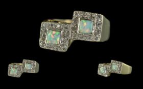 14ct Gold Superior Quality Opal & Diamond Set Double Cluster Dress Ring, marked 585 - 14ct to shank.