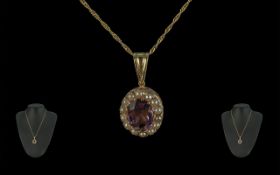 Ladies Attractive 9ct Gold Amethyst and Pearl Set Pendant Drop, Attached to a Fine 9ct Gold Chain.