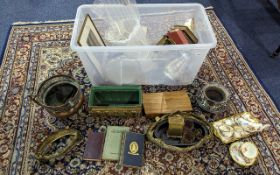Box of Assorted Collectibles, including a brass planter, wooden boxes, assorted silver plated coffee