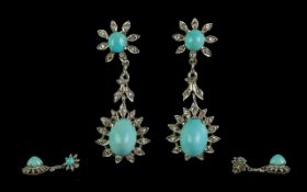 18ct White Gold Turquoise And Diamond Drop Earrings, Set With A Central Turquoise Cabochons