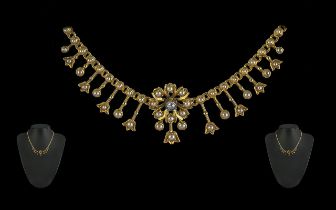 Victorian Period - Attractive and Superior 15ct Gold Seed Pearl and Diamond Set Ornate Necklace,