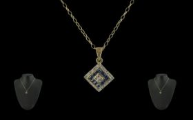 Ladies Fine 9ct Gold Sapphire and Diamond Pendant with Attached 9ct Gold Chain. Both Marked for 9ct.