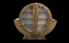 Art Deco Walnut Display Unit Sunburst Circular Form, stepped side with three interior shelves.