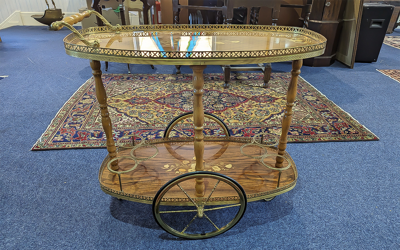 Italian Drinks Trolley, typical form, gloss finish, galleried top.