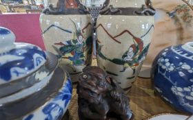 Small Collection Of Oriental Items, Vases, Ginger Jar And Cover, Crackle Glaze, Carved Figure etc
