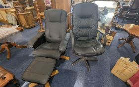 Black Leather Armchair & Matching Footstool, raised on wooden cross legs, Scandinavian style,