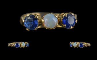 Antique Period 18ct Gold Pleasing Quality 3 Stone Blue Sapphire and Opal Set Ring. Not Marked but