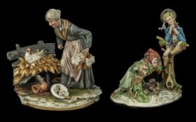 Two Capo di Monte Figures, comprising a figure group of a lady collecting eggs, and Primo Amore.