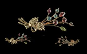 A Fine Quality 9ct Gold Gem Set Flower Bouquet Brooch, Marked 9ct, Set with Peridot, Aquamarine