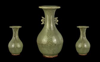 Early Chinese - Ming 17th Century Celadon Vase with Under Glazed Floral Decoration to Body of Vase.