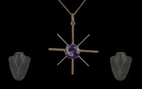 A Fine Quality Attractive 9ct Gold Star-burst Design SIngle Amethyst Set Pendant, Attached to a