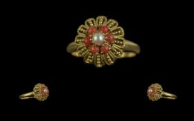 Antique Period 18ct Gold Coral and Seed Pearl Set Ring, Excellent Design. Marked 18ct to Interior of