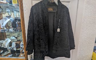 Ladies Vintage Astrakhan Jacket, black, made by Stephen Furs of Blackpool, two slit pockets, hook