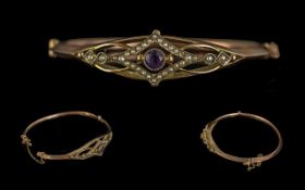 Edwardian Period - Attractive 9ct Rose Gold Hinged Bangle, Set with Amethyst and Seed Pearls, Full