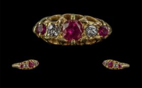 Antique Period - Attractive 18ct Gold Ruby and Diamond Set Ring, Gallery Setting. Not Marked but